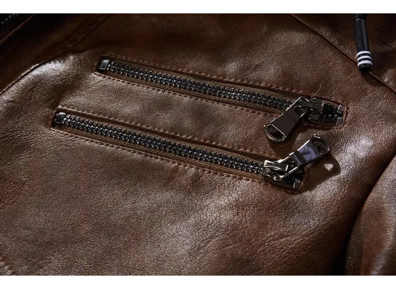 Jaqueta de Couro Masculina Premium com Capuz Removível