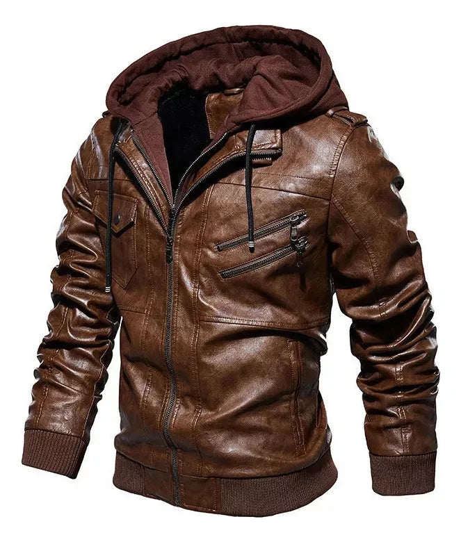 Jaqueta de Couro Masculina Premium com Capuz Removível