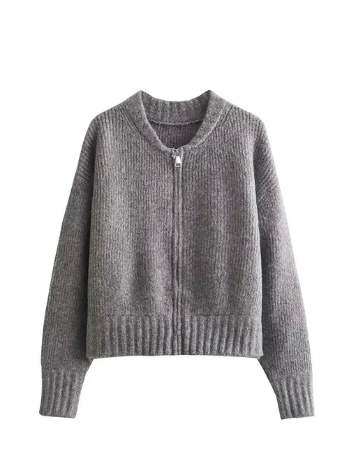 Casaco Feminino Vintage de Malha com Zíper e Gola Redonda - (Promoção de Inverno 2026)