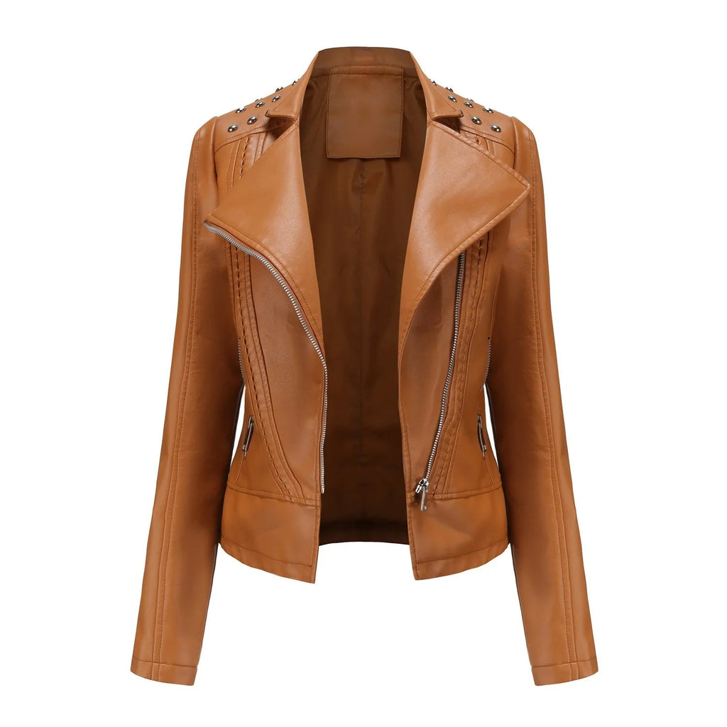 Jaqueta Feminina Slim Estilo Biker com Gola Dobrável e Detalhes Retrô - (Promoção de Inverno 2026)